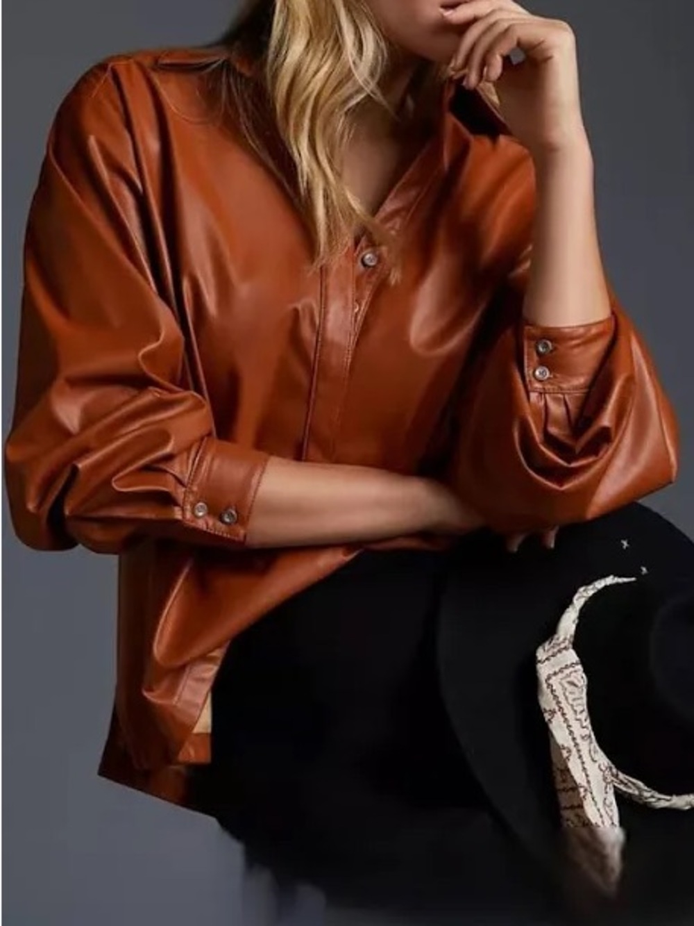 By Anthropologie Faux Leather Shirt in a cedar brown or cognac colorway Sz XSP